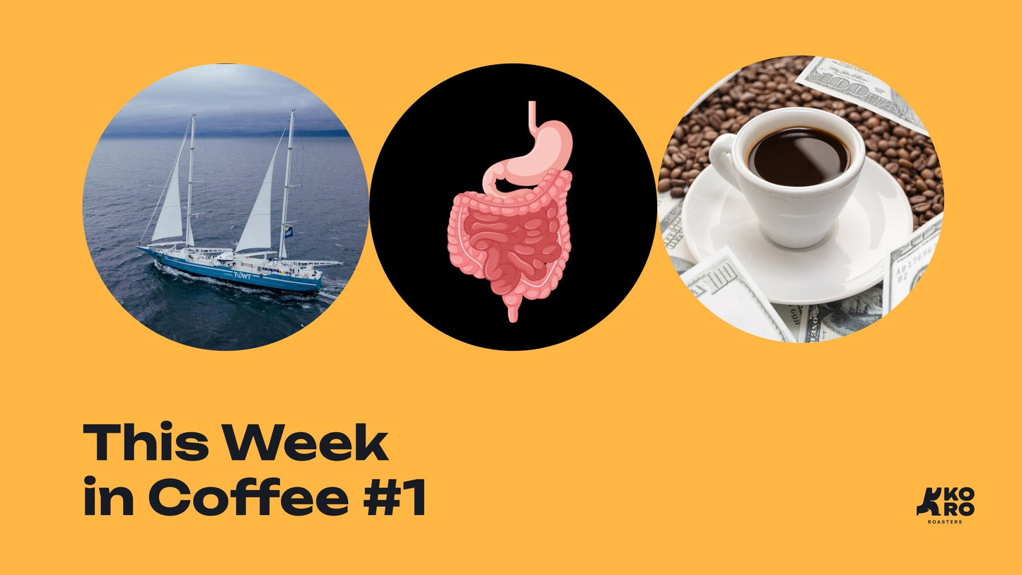 This Week in Coffee #1: a sailing cargo ship, an illustration of the digestive system, and an espresso cup resting on banknotes and coffee beans